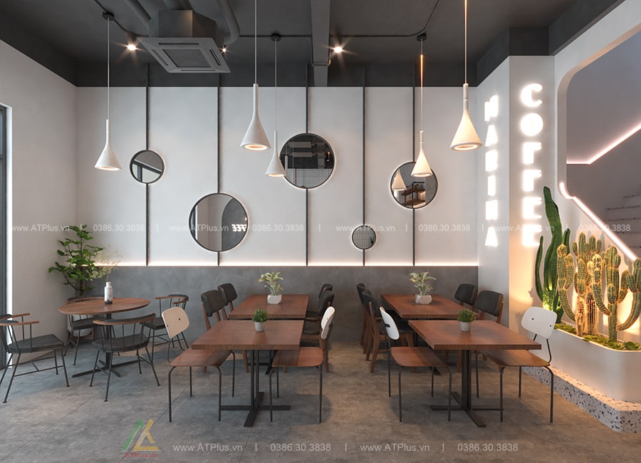 Trang trí thiết kế thi công nội thất quán cafe 5m mặt tiền
