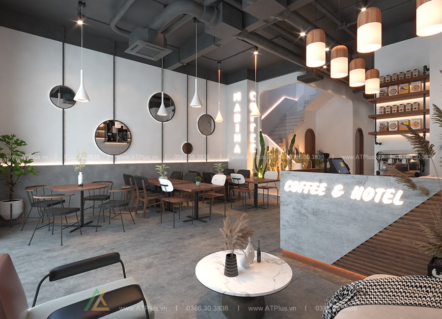 Trang trí thiết kế thi công nội thất quán cafe 5m mặt tiền